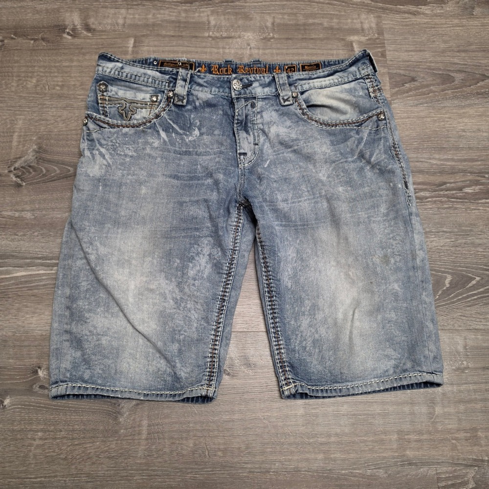 Rock Revival Norris H200 Denim Shorts Acid Wash Blue Mens 42 13" Inseam